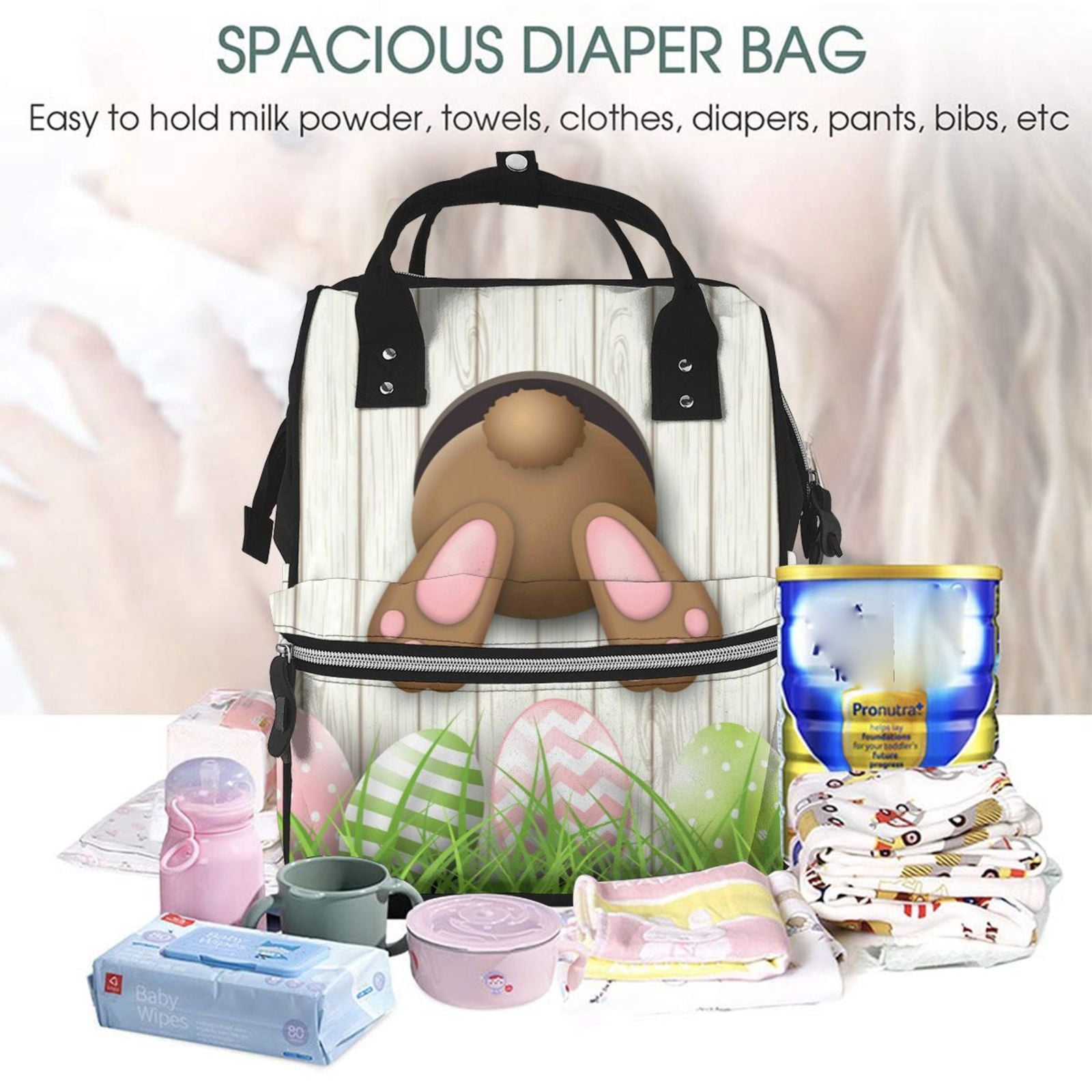 Ratiio Brown Bunny Mummy Backpack - Waterproof Twill Canvas, Large Capacity Diaper Bag with Multiple Pockets and Adjustable Straps