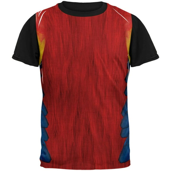 Halloween Scarlet Macaw Parrot Feathers Costume All Over Mens Black Back T Shirt Multi X-LG
