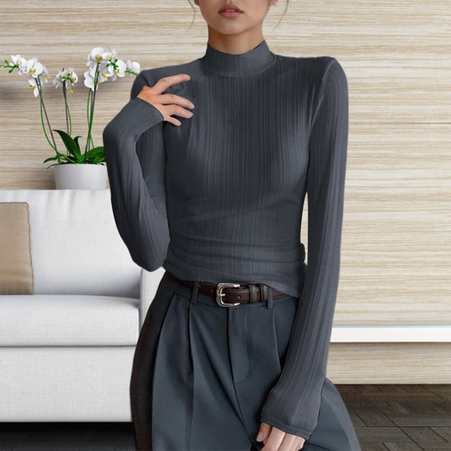 Chandail à Col Roulé à Manches Longues pour Femme Automne Hiver Ajusté sous-Maillots Hauts Gris Foncé TG