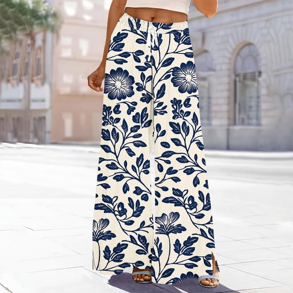 ClodeEU Women's Print Wide Leg Pants , Loose Fit Casual Trousers with Drawstring Waist and Pockets White 02,Womens Plus XL