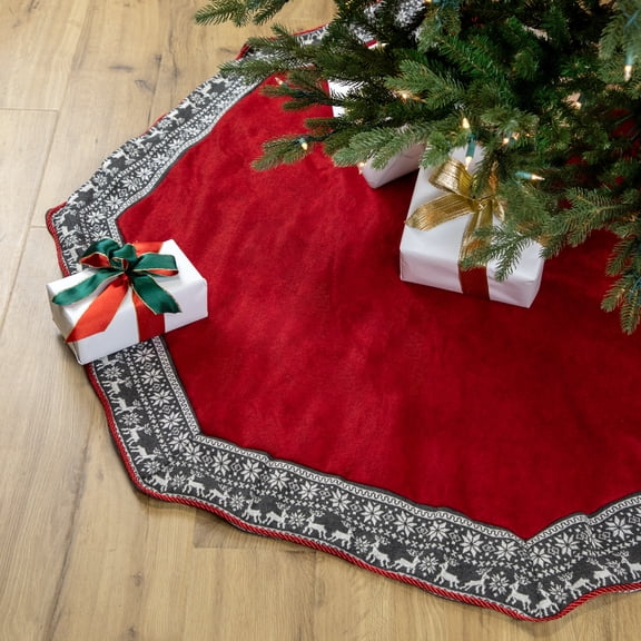 Northlight 50" Red and Gray Snowflake and Reindeer Christmas Tree Skirt