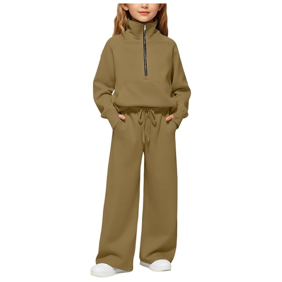 Rotm Girls Sweat Suit Toddler Girl Boy Sweatshirt Sets Half Zip Hoodies Outfit Fall Long Sleeve Shirts and Pants Neutral Clothes Bronze,120