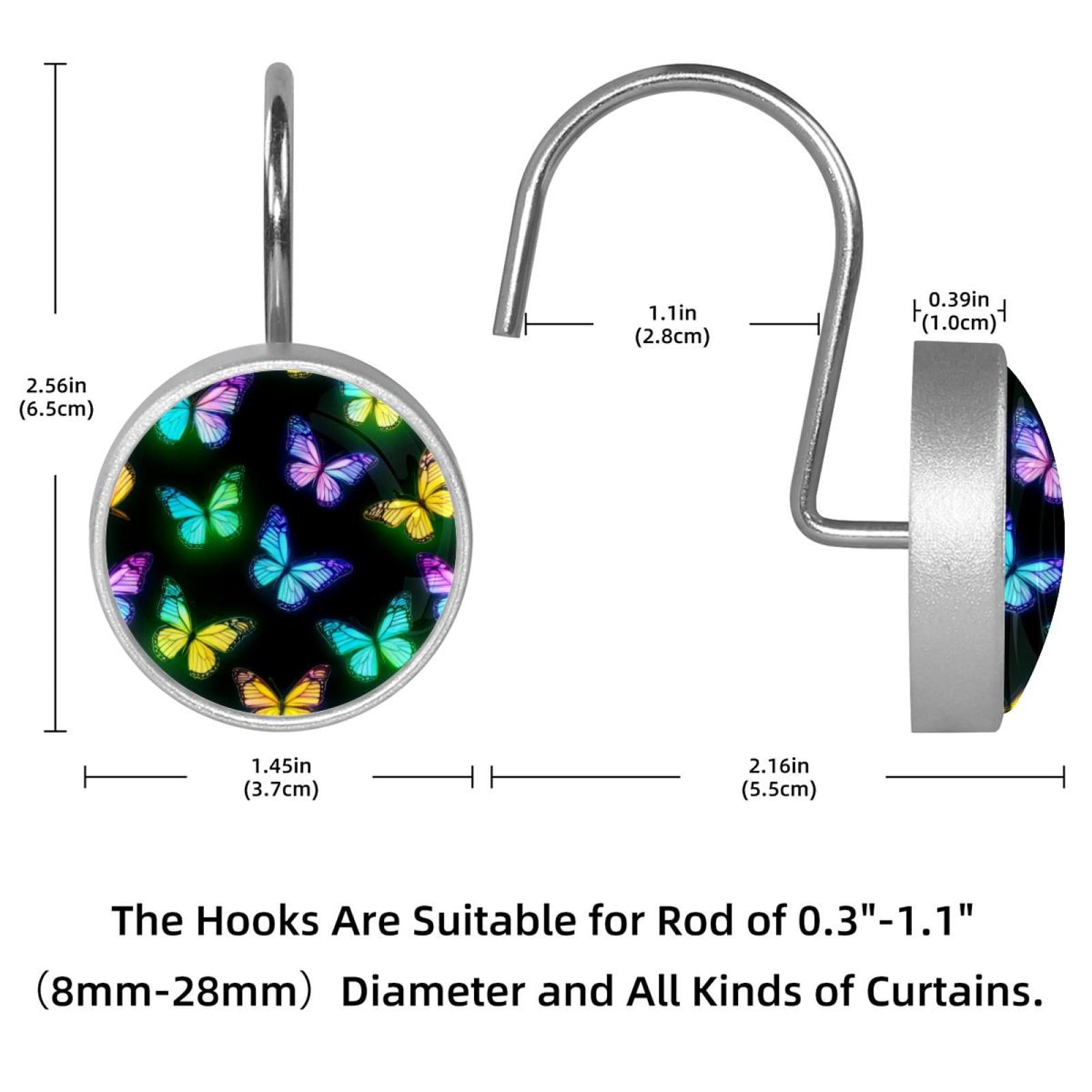 12pcs Decorative Shower Curtain Hooks, Rust Resistant Shower Rings for Bathroom Living Room,Rustproof Stainless Steel Rings for Shower Curtain and Liner Rods,Neon Colorful Butterflies
