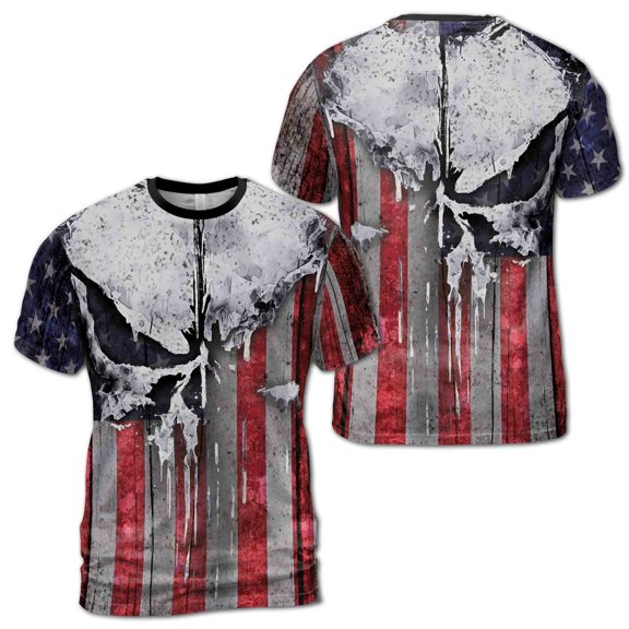 Retro Patriotic American Flag USA In Dark Grunge Skull 3D T-Shirt S-5XL