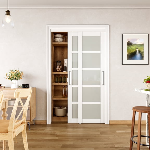 48" x 80" Tempered 5 Lite Frosted Glass White Closet Sliding Door with Hardware & King Size Handles