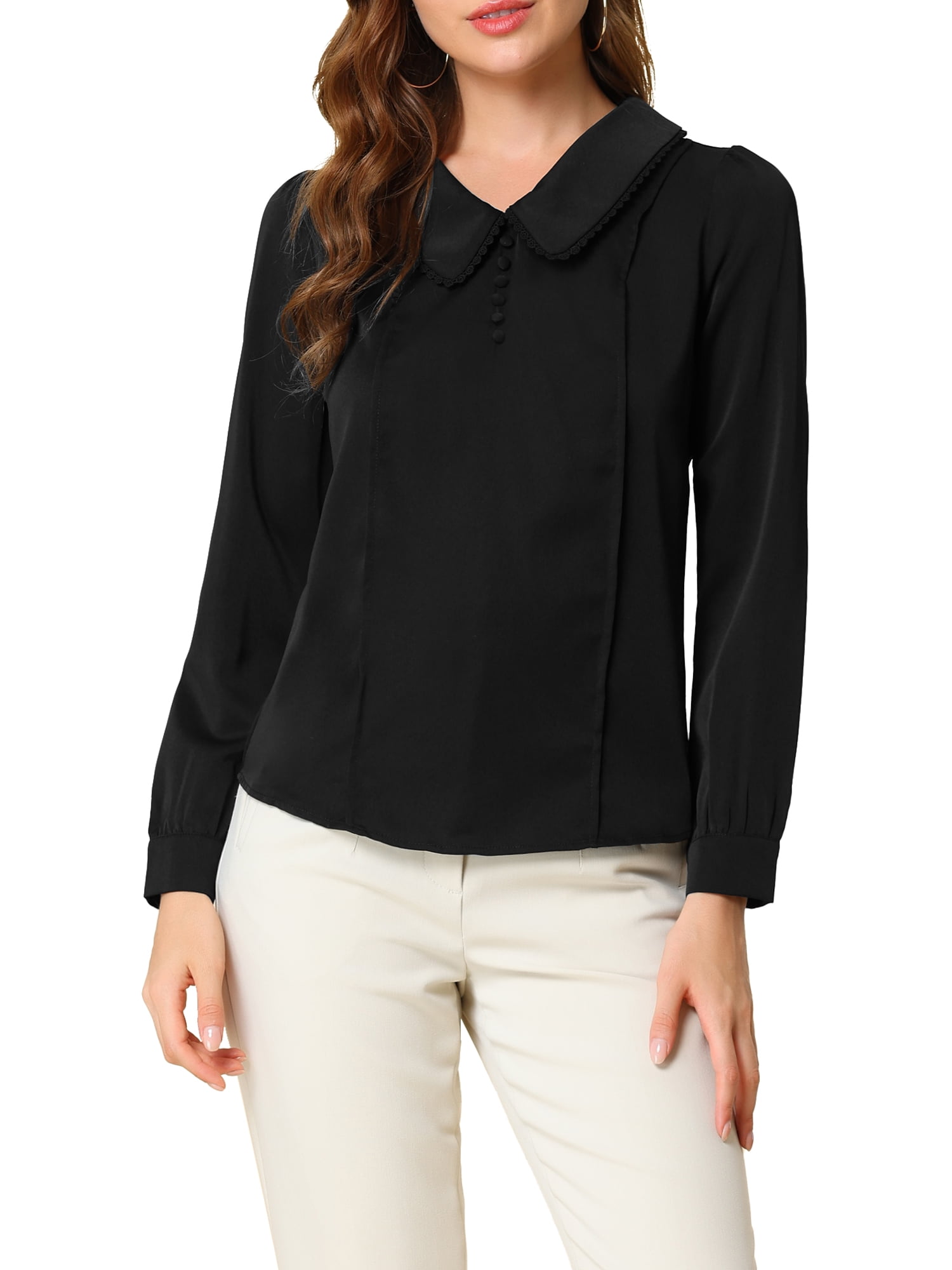 DARING DIVA Women's Peter Pan Collar Button Chiffon Blouse XL Black