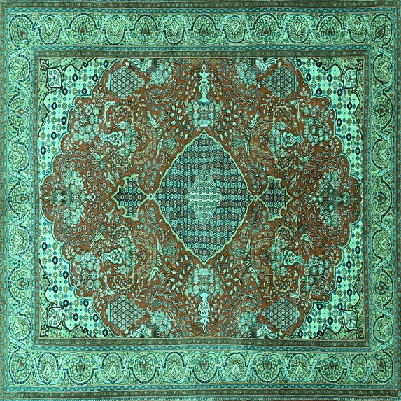 Ahgly Company Machine Washable Indoor Square Medallion Turquoise Blue Traditional Area Rugs, 6' Square