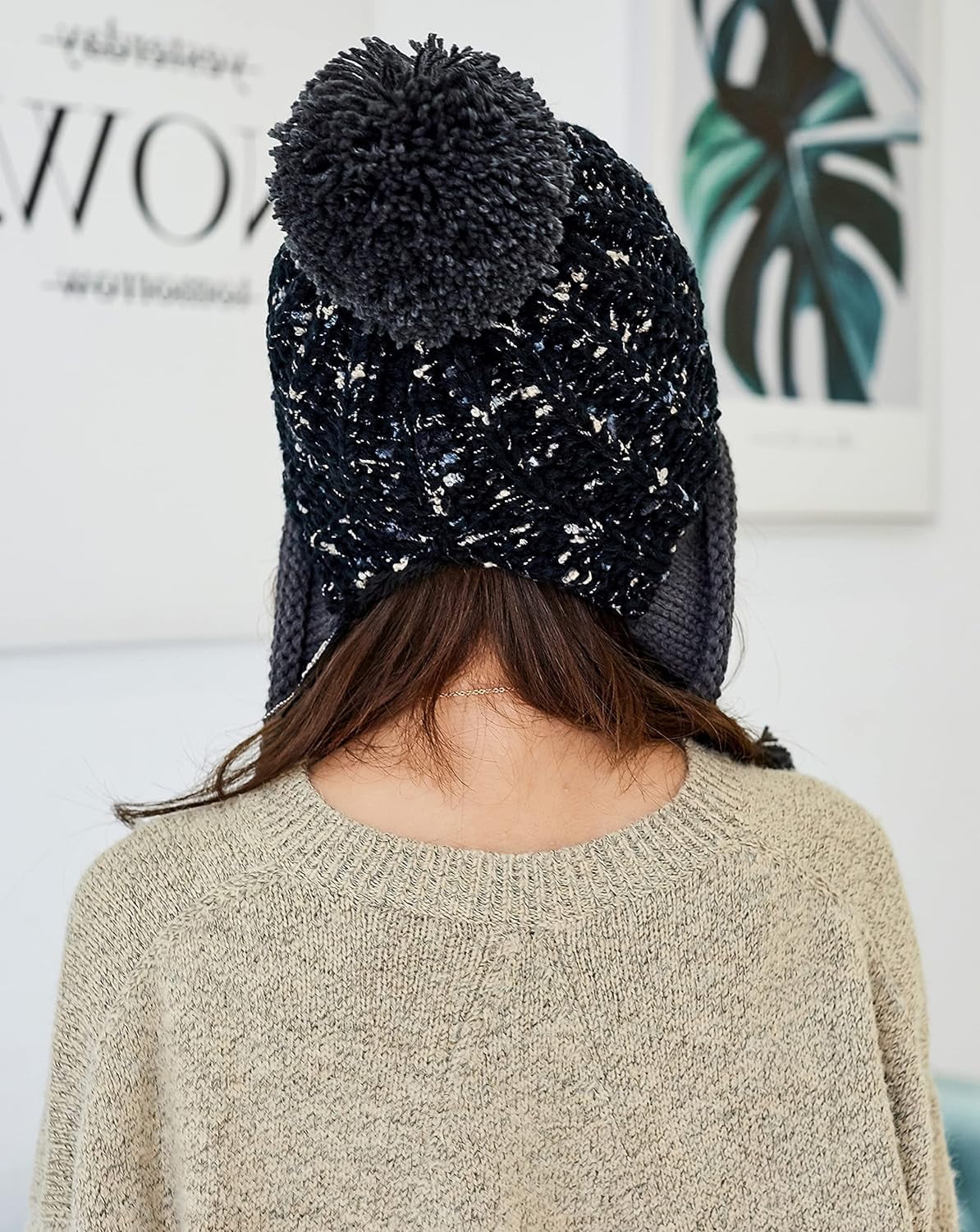 YooGuoGuo Women Winter Beanie Hat Earflap Peruvian Warm Slouchy Fleece Lined 3 Pom Poms Knit Sherpa Fluffy Soft Ski Hats