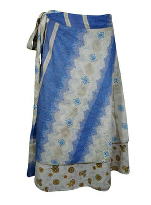 Mogul Womens Handmade Wrap Around Blue Printed Skirt One size