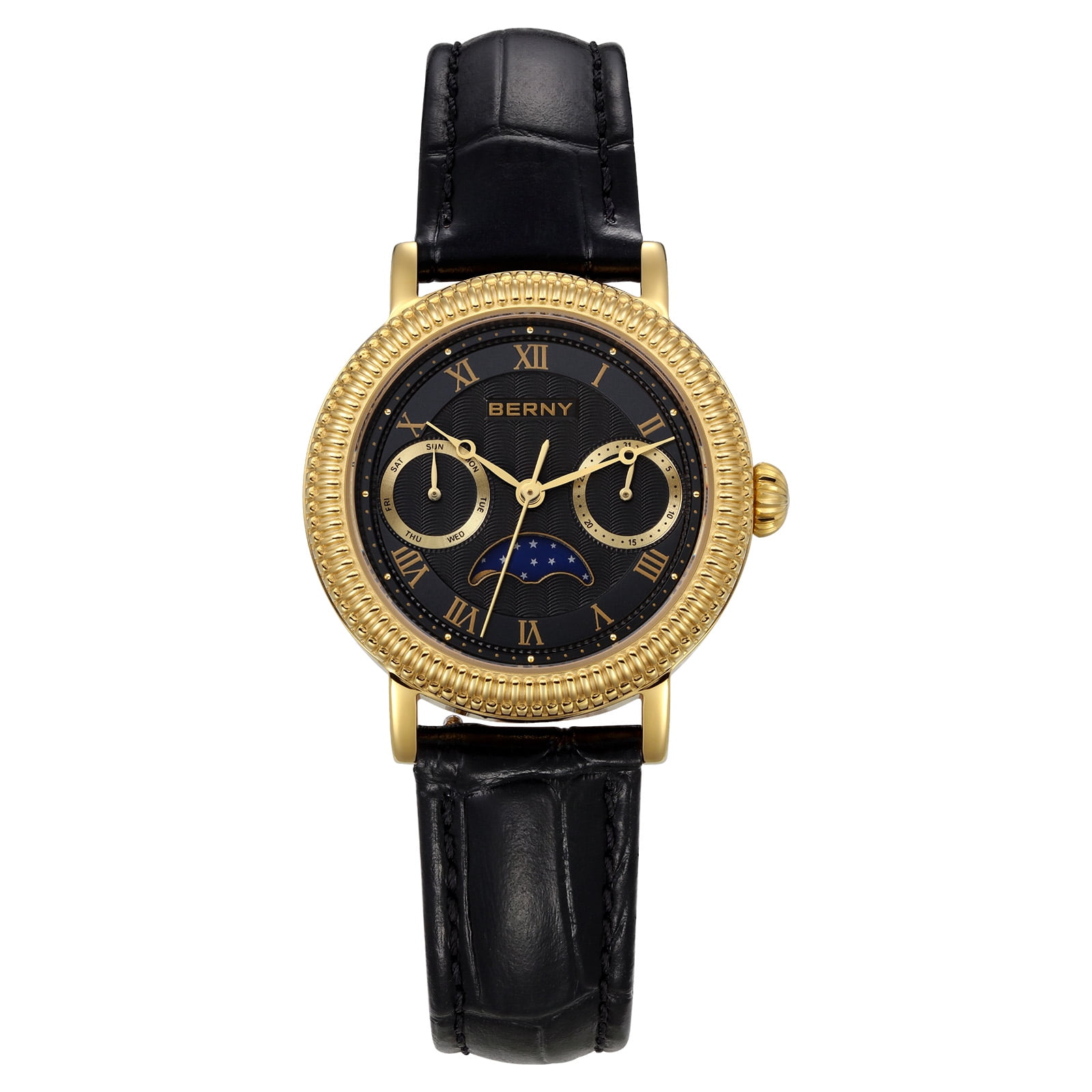 BERNY Womens Leather Watch, Vintage Roman Numerals Luxury Moon Phase Watch with Day & Date, Stainless Steel, Sapphire Crystal, Waterproof, Fashion Dress Analog Quartz Wrist Watches for Women (Gold)