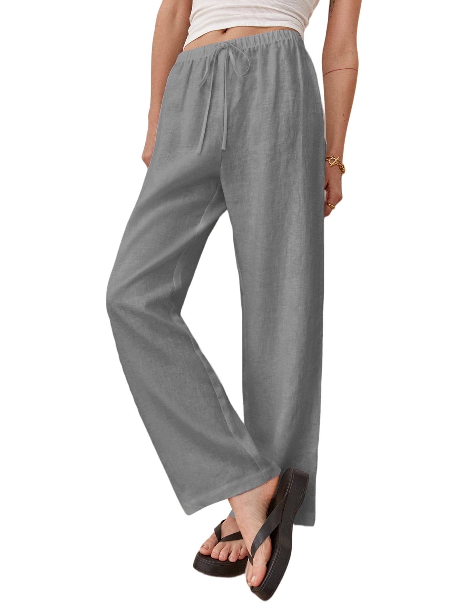 Womens Baggy Cotton Linen Pants Drawstring Loose Fit Plus Size Straight Leg Comfy Lounge Pants Lightweight Yoga Beach Pants 