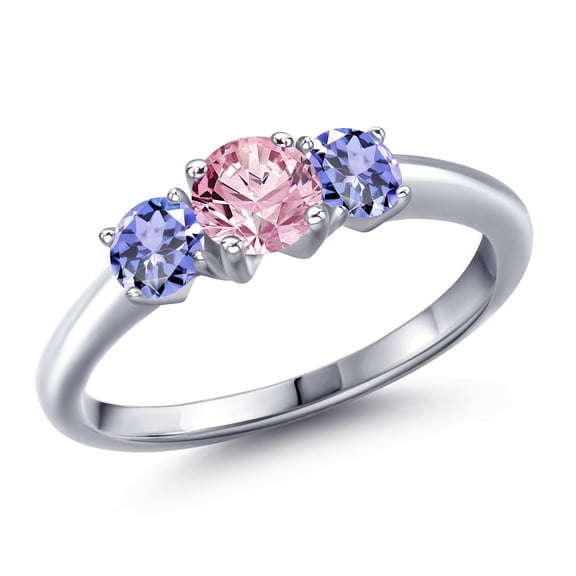 Gem Stone King 925 Sterling Silver Pink Lab Grown Diamond and Blue Tanzanite Engagement Ring for Women | 1.10 Cttw | Round 5MM | Gemstone April Birthstone | Size 8