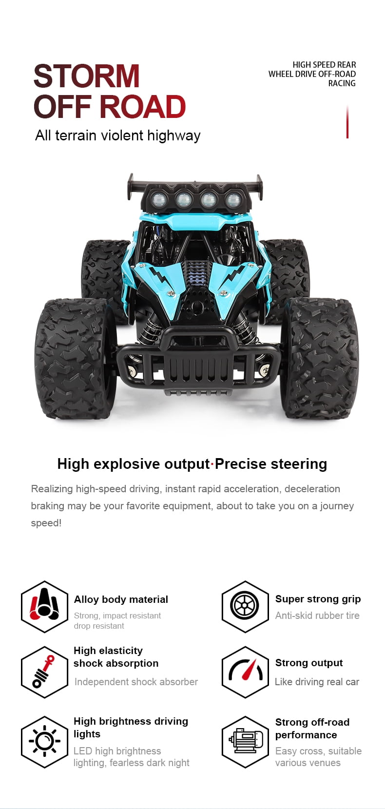 Meponn RC High-Speed Off-Road Truck 3699-RC8 All-Terrain Buggy 2.4GHz, 1:16 Scale, Blue