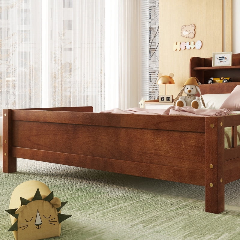 Full Size Bed Frame with Storage , Wood Full Bed with LED Lights and Storage Headboard, Full Size Platform Bed with Slats Support ,No Box Spring Needed, Walnut