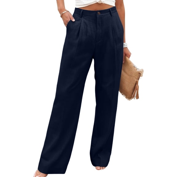 Women Linen Pants Work Dress Pants Linen Trousers High Waisted Wide Leg Casual Pants with Pockets