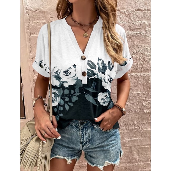 Women's Clothing Style Casual Commuting Top with Printed Twist Button Fashion V-neck Short Sleeved Shirt