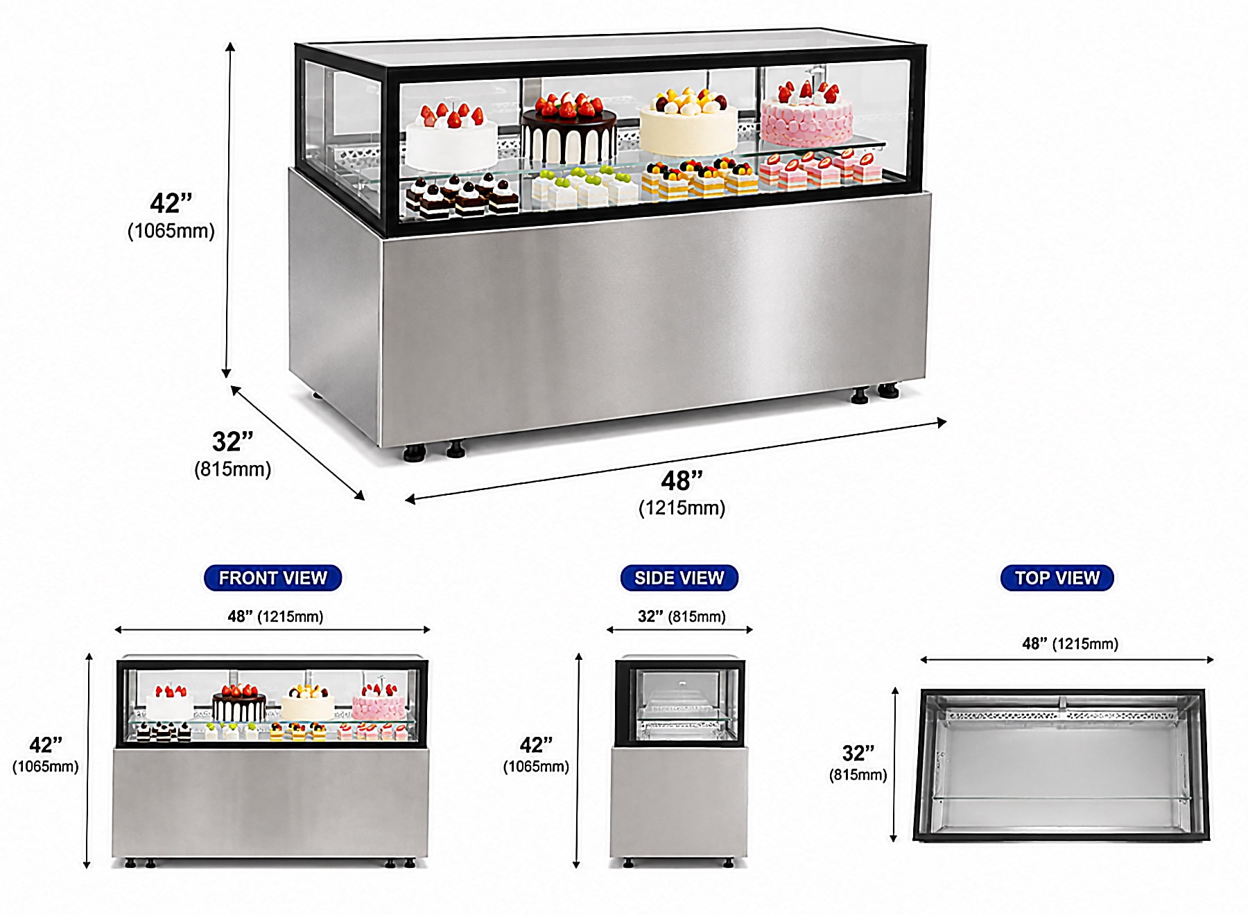 48" Luxury Commercial Refrigerated Bakery Display Case, Cake Showcase Refrigerator with LED Lighting, ETL Certified