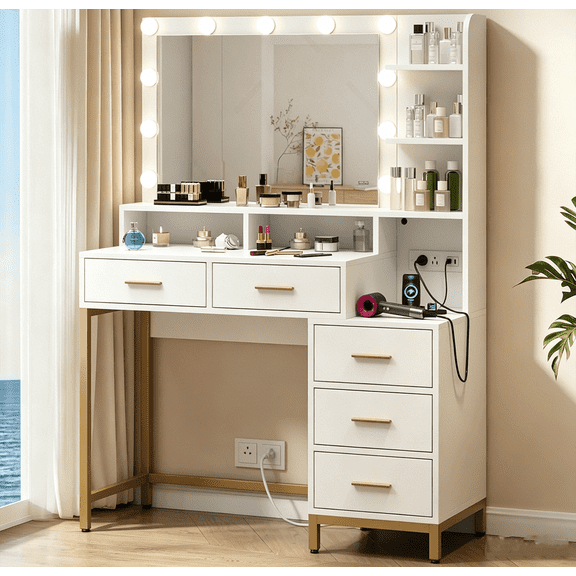 Winkalon Makeup Vanity Table with Lighted Mirror, Dressing Table With Charging Station & 5 Drawer, Vanity Desk for Femal Gift, White