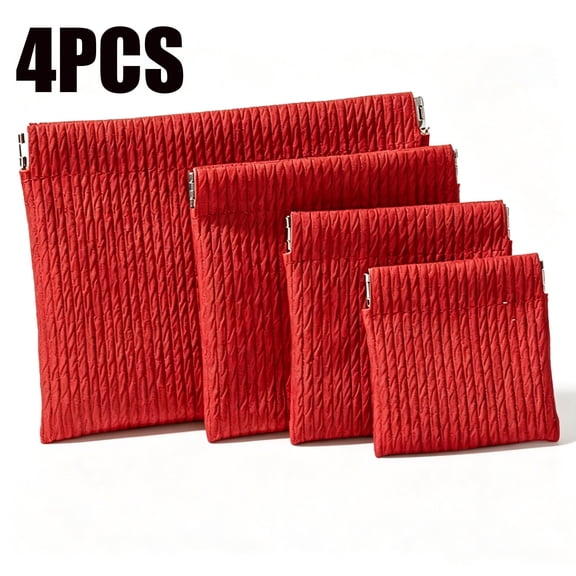 4 Pack Squeeze Top Makeup Pouches, 4 Sizes Self-Closing Fabric Bags, Portable Organizer for Cosmetics Jewelry Coins Earbuds
