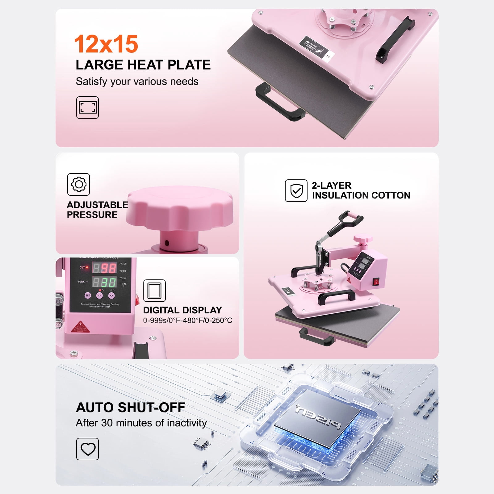 KFFKFF Heat Press, 12x15 inch, 5-in-1 Transfer Tool with 30 oz Cup Press, Swivels 360° for T-Shirt/Mug/Hat/Plate Crafting, Digital Control, Pink