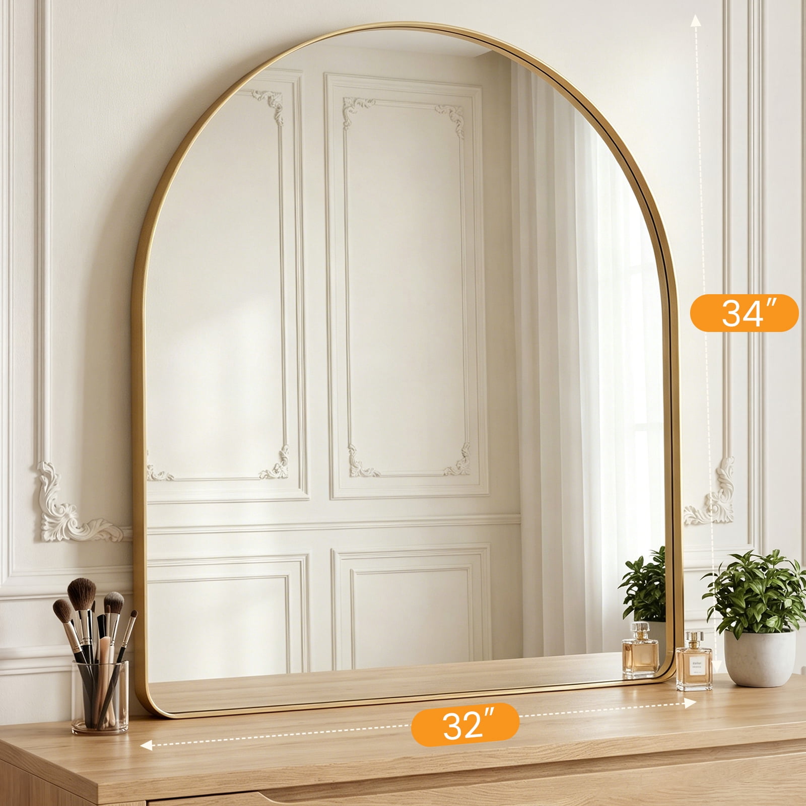 GIANNA 32"x34" Arch Top Straight Bottom Bathroom Mirror – Rectangular Metal Frame with Groove Accents, Wall-Mounted Vanity Mirror, Gold