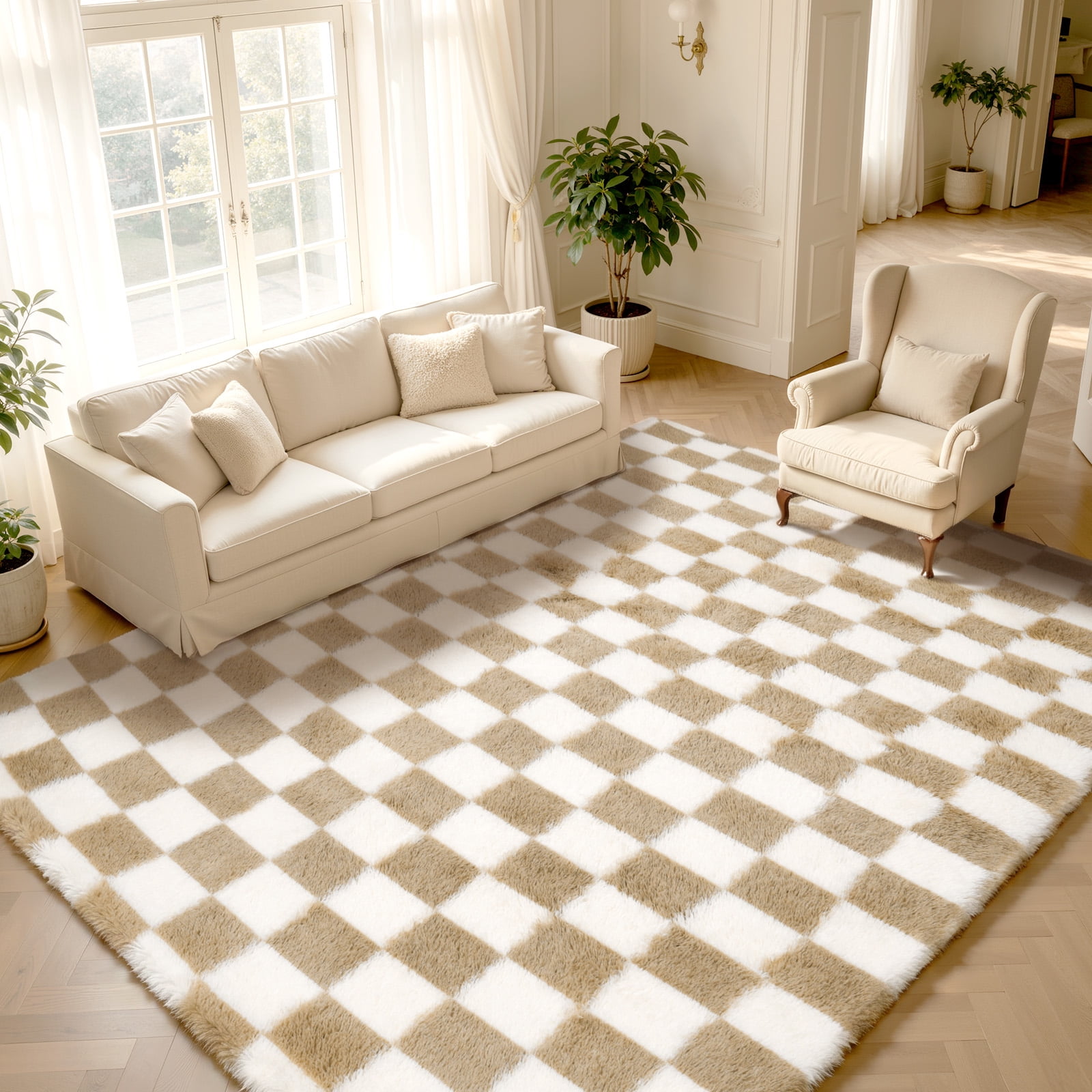 ZRSDIXK 8'x10' Area Rugs for Living Room, Large Shag Fluffy Rug Checkered Carpet, Beige & White