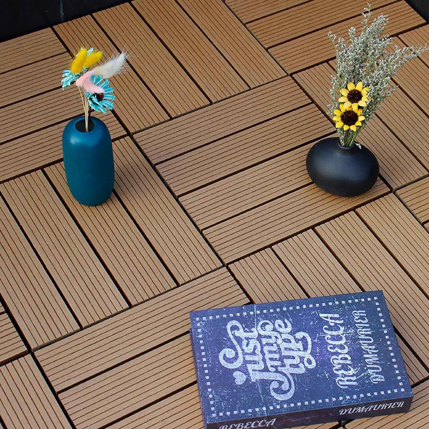 Miniyam 44-Pack Square 11.8"x11.8" Waterproof Deck Tiles, All-Weather, for Porch, Poolside, Brown(Small Straight line)