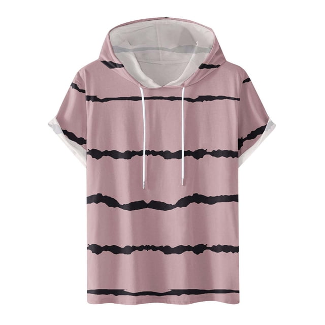 FAIWAD Men's Short Sleeve Hoodies Sweatshirt Striped Print Drawstring Athletic Lightweight Hoodies Tops