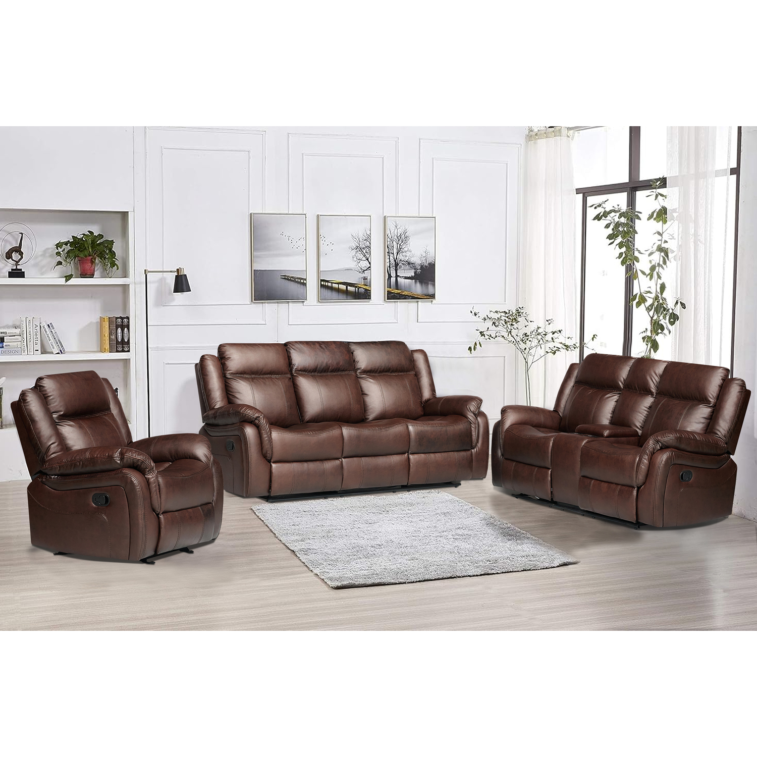 Hybition 3-Piece Living Room Set, PU Leather Reclining Sofa Set