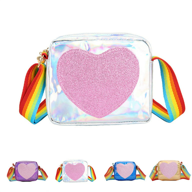 Kids Girls Crossbody Purse Love Heart Shape Rainbow Shoulder Strap Handbags  Little Princess Shoulder Bags Laser Bag-Silver