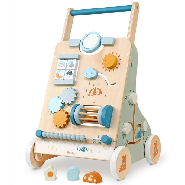 PairPear Andador de madera para bebés, centro de actividades con clasificador de formas, juguete Montessori Walker, juguetes de empuje para niños y niñas de 1, 2 y 3 años