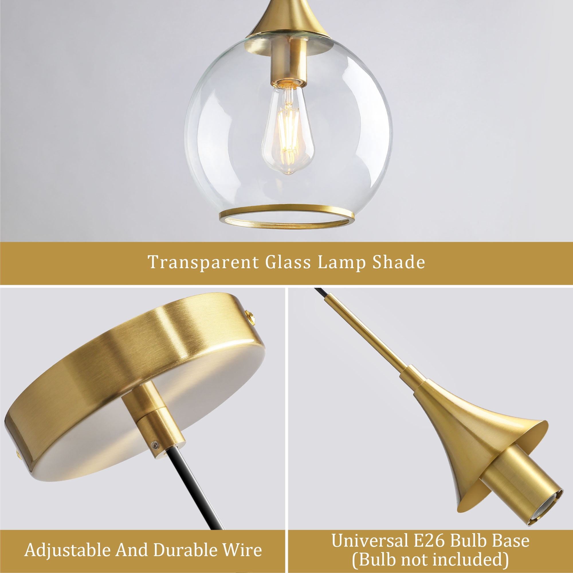 KAISITE Modern Pendant Light Fixture Dimmable Kitchen Island Hanging Ceiling Lights with Glass Shade-Gold
