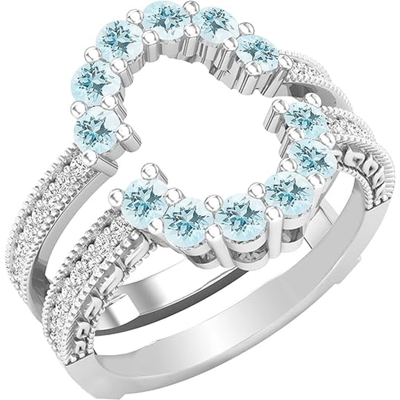 beryl_creation 1.25 Ct Round Cut Aquamarine & Diamond Wrap Guard Enhancer Wedding Engagement Ring 14K White Gold Finish 925 Sterling Silver For Women's -8.5
