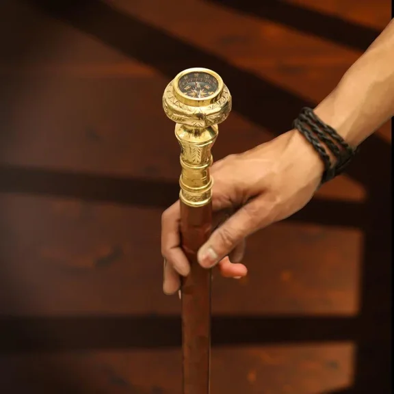 Global Antiques Walking Cane for Mens and Womens Handmade Decorative Walking Stick with Compass Handle 38 Inch Non-slip Travel Folding Cane Brown