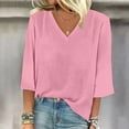 thumbnail image 4 of T-Shirt à Manches Courtes pour Femmes Liquidation T-Shirt Mélangé pour Femmes T-Shirt Uni Mode Décontractée Col en V Hauts à Manches Trois Quarts pour Femmes, 4 of 4