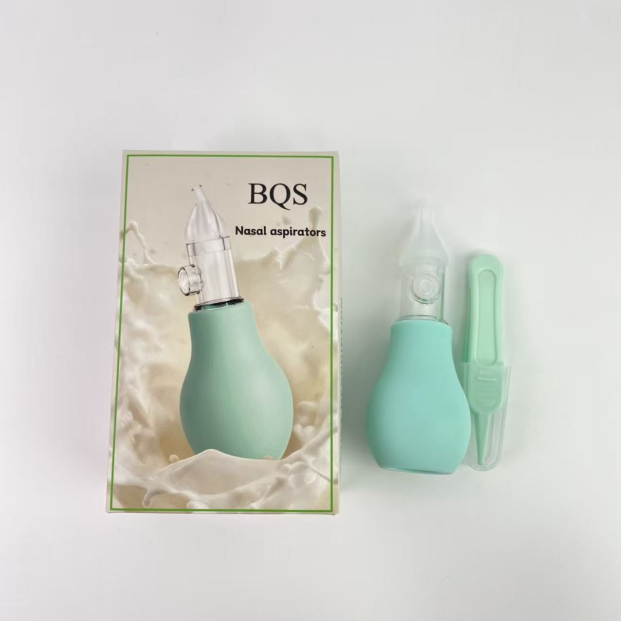 BQS Nasal aspirators,Baby Nasal Aspirator – Manual Baby Nose Cleaner with Soft Silicone Tip, Anti-Backflow, Includes Cleaning Tweezers & Portable Case (Green, One Size)