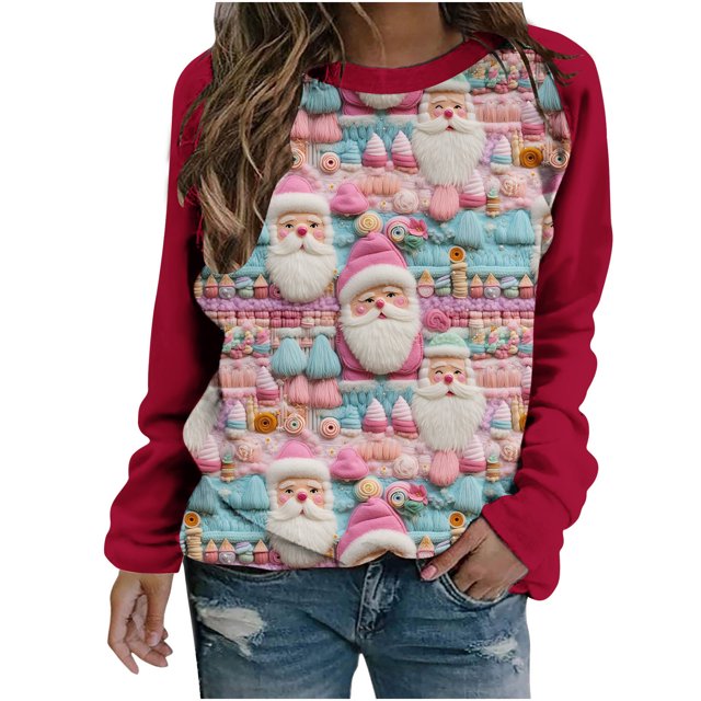 Birdeem Blouse à Manches Longues Imprimée de Noël pour Femme, Col Rond, Tunique Décontractée