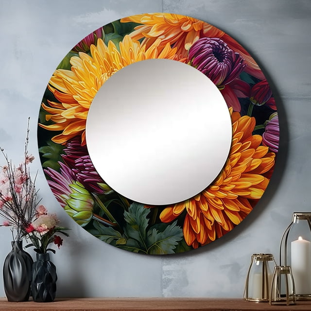 Designart "Orange Purple Mums In Bloom Bold Blossoms" Floral Rund Mirror For Wall Decor - Large Orange Round Print Mirror - Round Traditional Mirror 23" x 23" Inch - Wall Mounted Round Large Mirror