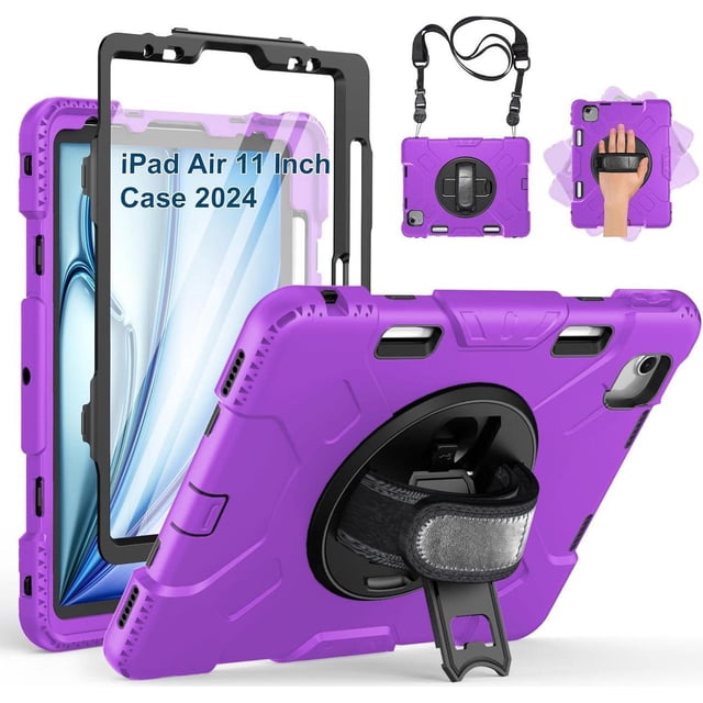 Case for iPad Air 11 Inch M3 M2 2025 2024, iPad Air 5th / Air 4th Generation Case 2022 2020, iPad Pro 11 2022 - 2018 with Screen Protector/Pen Holder/Rotating Stand/Hand Strap/Shoulder Strap