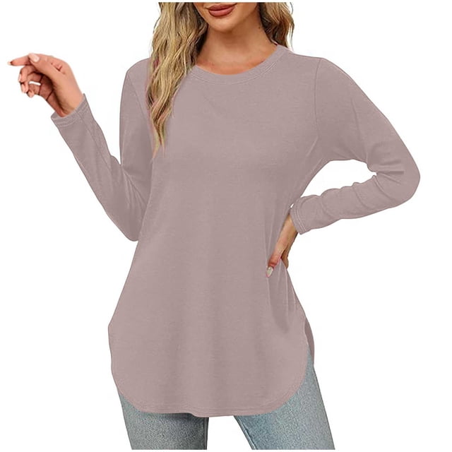 Yuyuzo Hauts pour Femmes Col Rond Manches Longues Fente Latérale Couleur Unie Tunique Décontractée Basique Automne