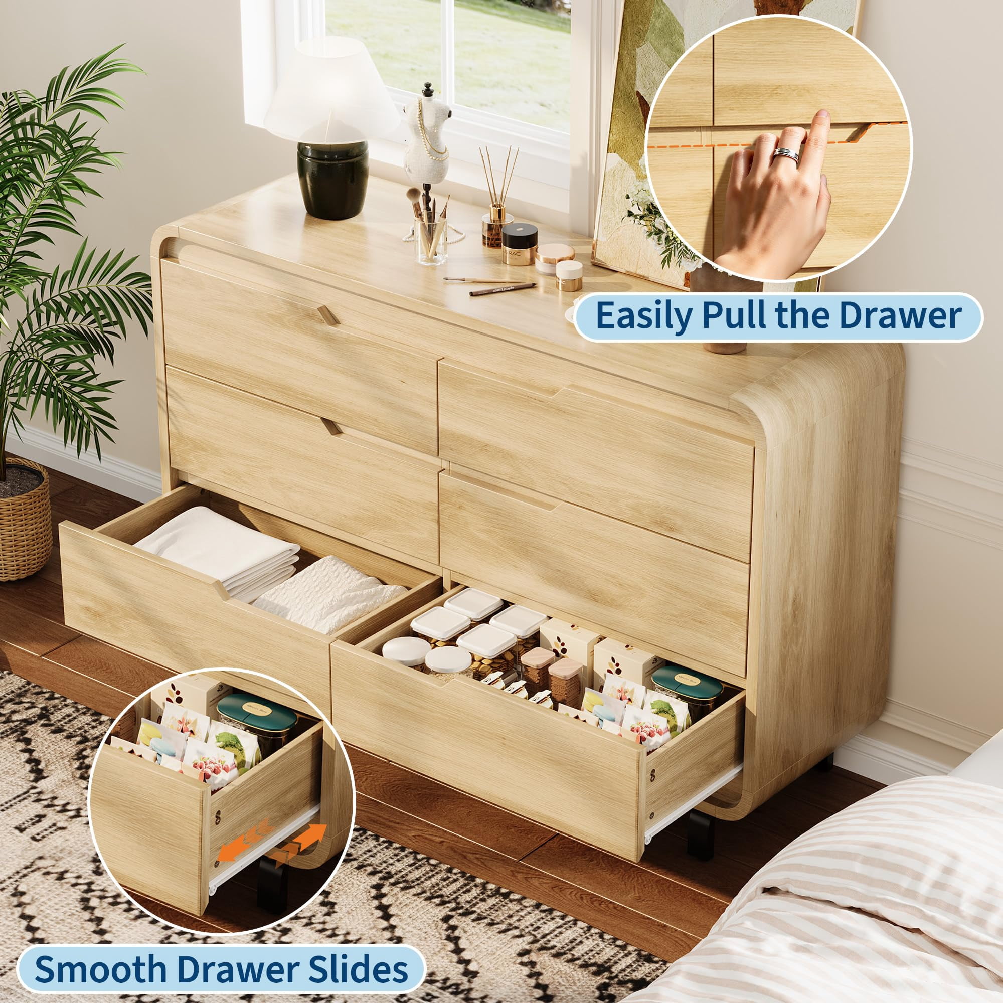 6 Drawers Dresser for Bedroom & Nursery, Modern Dresser with Safe Rounded Corners & Hidden Handles,Wooden Dresser Chest with Heavy Duty Anti-Tip Structure, Wide Storage Cabinet for Living Room