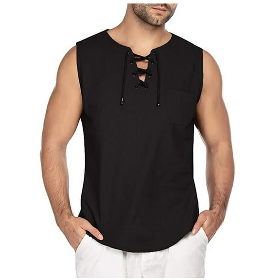 Mens Tank Top Beach Fashion Drawstring Solid Color Cotton And Linen Sleeveless T ShirtsTops
