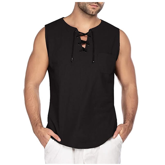 Styesk Débardeurs Homme Mode Homme à Cordon Couleur Coton et Lin T-shirt Sans Manches Hauts