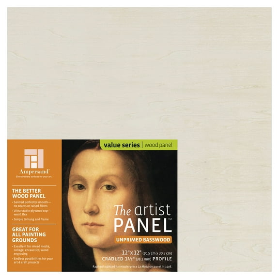Ampersand Art Artist Panel, Unprimed Basswood, Cradled, 1-1/2" Profile, 12" x 12"