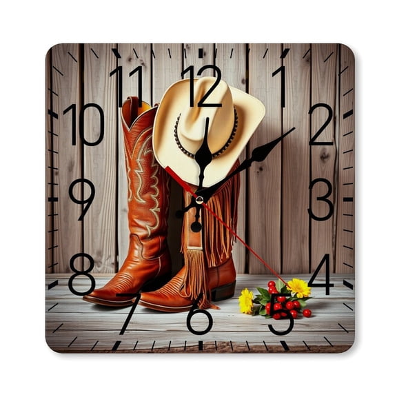 RKSupls 10×10inch Square Silent Wall Clock Wooden Frame, Cowboy Boots Hat Scale Decorative Clock for Home Bedroom Living Room Office