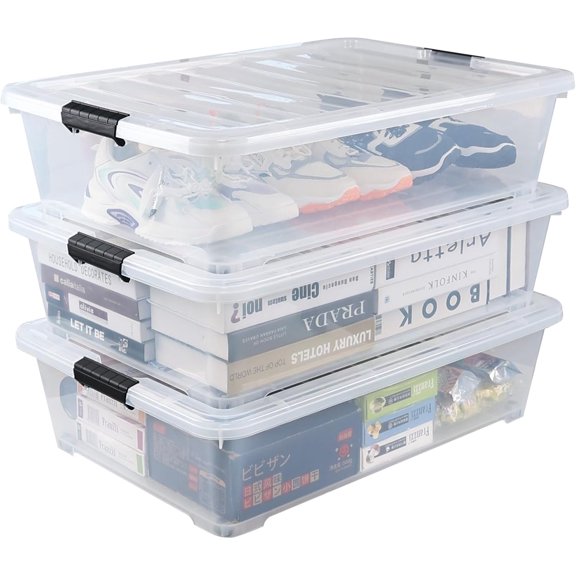 50 L Large Plastic Under Bed Storage Containers, Clear Plastic Underbed Storage Bins with Wheels, 3-Pack