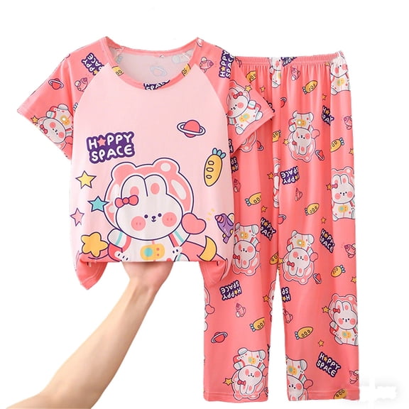 CONROSES Girls 2 Peice Pajamas Sets Cartoon Bunny Graphic Short Sleeve Pjs Tops Pants Loungewear Sets Cozy Nightwear Sleepwear