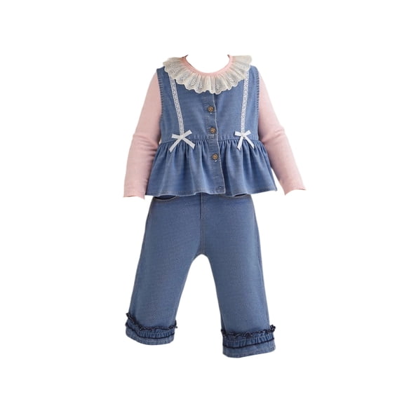 Toddler Girls Long Sleeve Lace Collar Top and Denim Vest with Button Front and Bow Detail Plus Elastic Waist Denim Pants Set