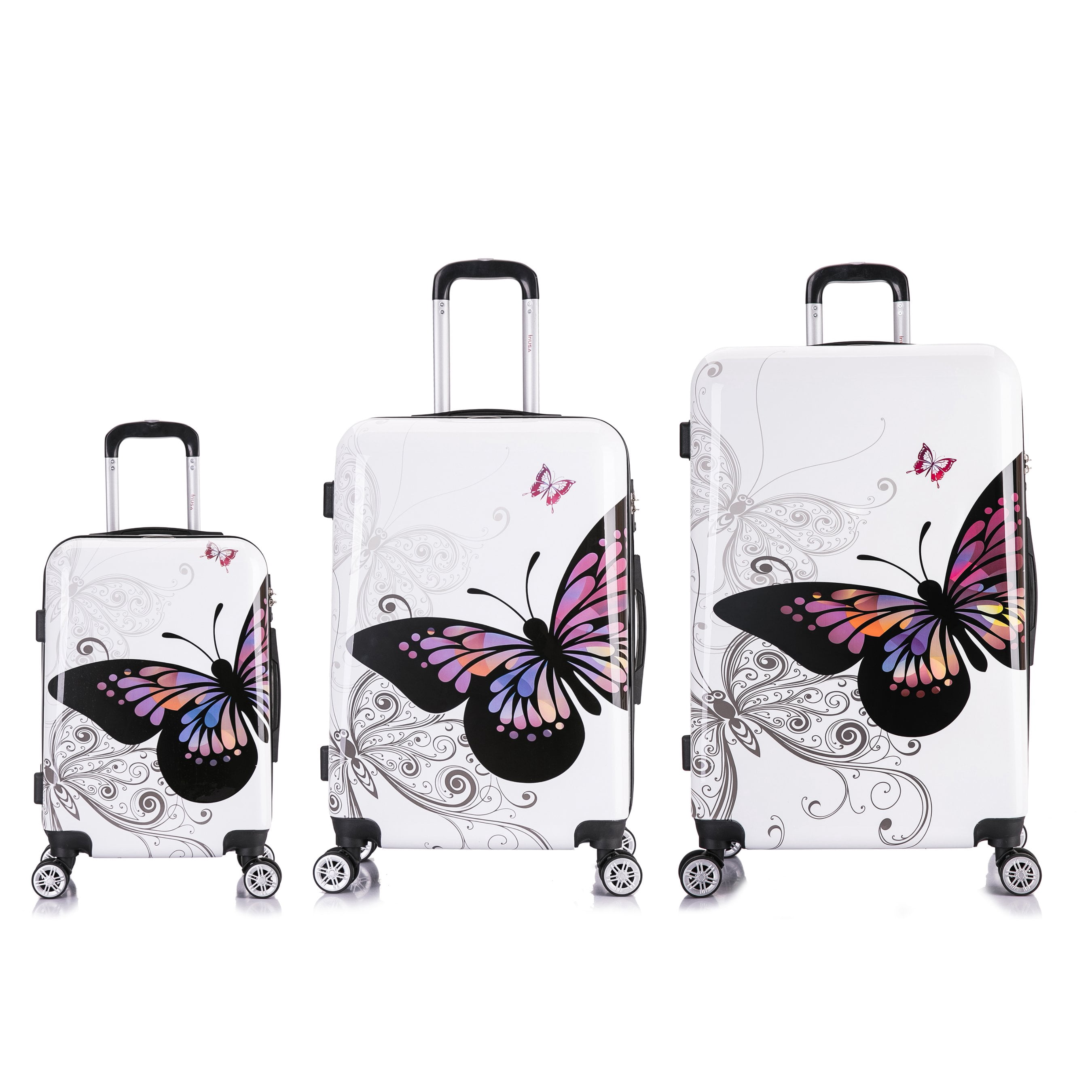 InUSA Print 3-Piece Hardside Luggage Sets with Spinner Wheels, Handle, Trolley, (20"/24"/28"), Butterfly