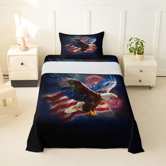 Manfei Eagle Usa Flag Twin Sheets,July 4Th Fireworks Bedding,Brown Red Blue,3-Piece,1 Fitted Sheet and 1 Pillowcase